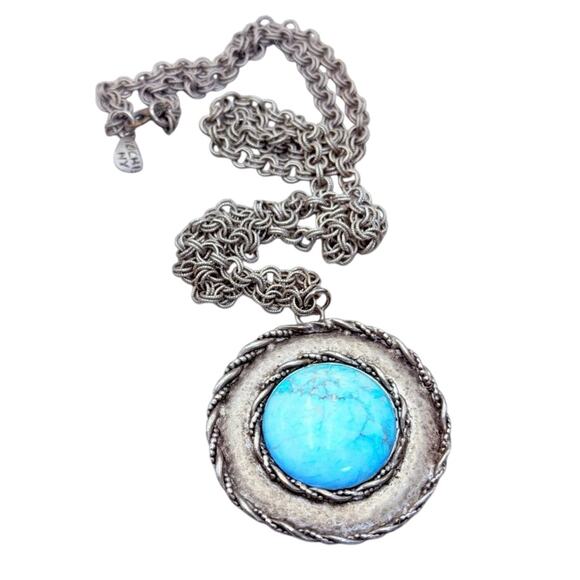 YOCHI NY Designer Turquoise Blue Round Large Round Cabochon Pendant Necklace 36” - Picture 7 of 9